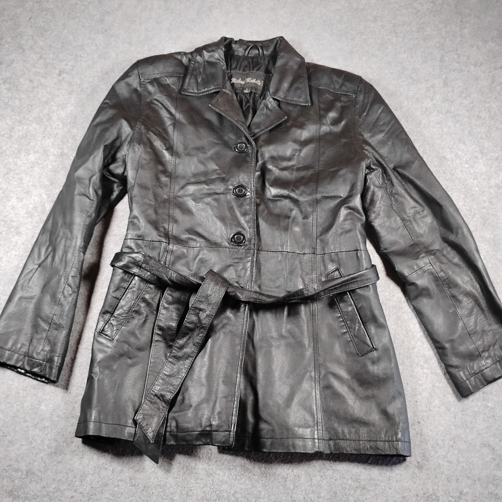 Michael Michelle Leather Trench Coat Jacket Womens Large Black Belted Button